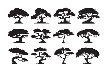 Collection of stylized silhouette trees in various shapes