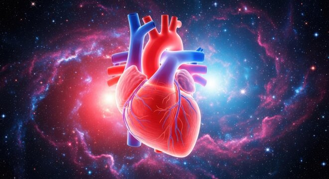 Vibrant human heart anatomical illustration pulsating with cosmic energy amidst nebula and stars - Powered by Adobe