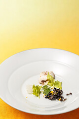 Elegant appetizer with greens and mushrooms on a white plate