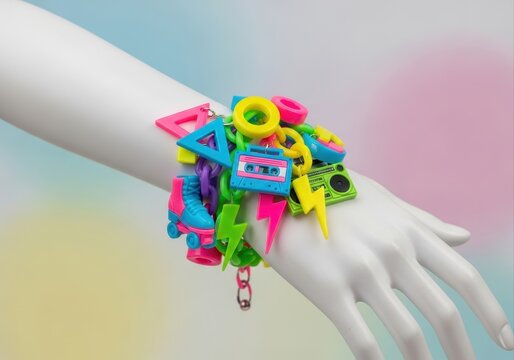 closeup of vibrant 80s plastic charm bracelet on mannequin's hand. nostalgic fashion detail with retro charms. throwback party theme, blog, social media.