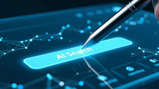 AI Search on Digital Tablet - A digital tablet screen displays the "AI Search" button illuminated. A stylus hovers over the screen, ready to select it, surrounded by a network of data points.