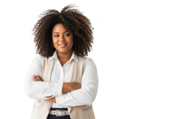 Confident african american businesswoman with arms crossed smiling professional portrait isolated on transparent background