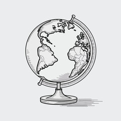 A minimalist line drawing of a desktop globe on a stand.  