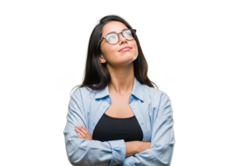Confident young woman with glasses looking upward in thoughtful pose stock photo isolated on transparent background
