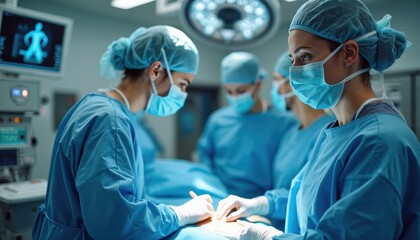 Medical team performs surgery in modern operating room. Surgeons wear blue scrubs and masks, focus on procedure. Advanced medical equipment visible in background. Patient lies on operating table.