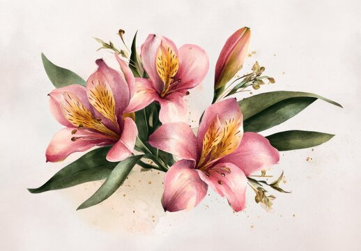 Delicate arrangement of pink alstroemeria flowers with watercolor-like textures, highlighted by gentle golden accents.