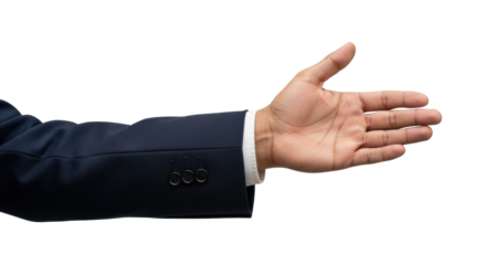 Isolated arm, male hand in dark blue suit jacket showing palm in greeting or gesture pose