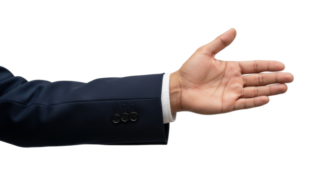 Isolated arm, male hand in dark blue suit jacket showing palm in greeting or gesture pose