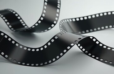 Fototapeta premium Close up photo of film strip on white. Black film reel wave shapes, holes for animation. Concept of cinema production, movie making, photo studio equipment