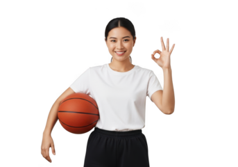 Smiling asian woman holding basketball showing okay sign sportswear png image stock photo isolated on transparent background