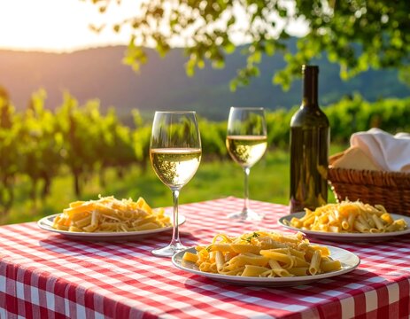 Picnic lunch with pasta and wine in a vineyard