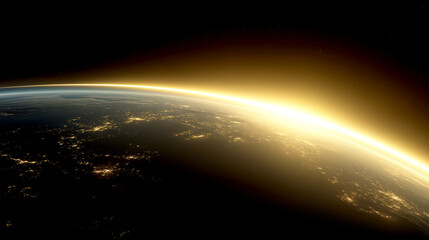 Fototapeta premium Sunrise over Earth from space with glowing atmosphere and city lights 