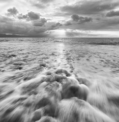 Sunset Ocean Seascape Landscape Dramatic Water Flowing Beautiful Nature Scenic Sunrise Sun Rays Black And White Vertical