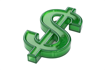 Shiny green dollar sign symbol representing wealth and finance isolated on transparent background