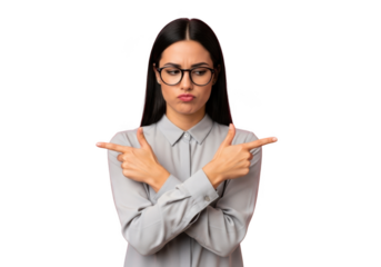 Confused woman pointing in opposite directions with doubtful expression png image, business decision concept, isolated on transparent background