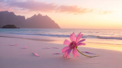 Serene beach scene with pink flower and scattered petals at sunset creating a peaceful and romantic atmosphere