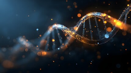 Detailed illustration showcasing a glowing DNA double helix structure in a dark, blurred setting, featuring bright bokeh effects and particles, representing biology, genetics,