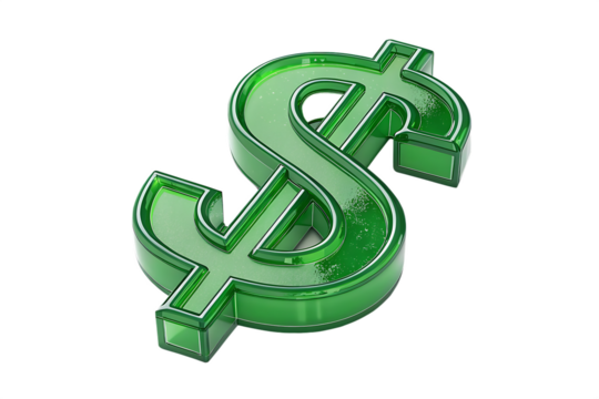 Shiny green dollar sign symbol representing wealth and finance isolated on transparent background - Powered by Adobe