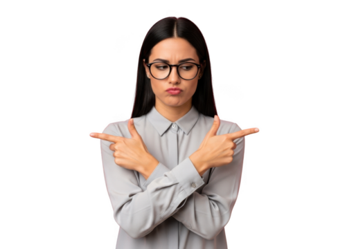 Confused woman pointing in opposite directions with doubtful expression png image, business decision concept, isolated on transparent background