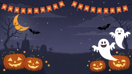 Spooky Halloween Night Illustration with Pumpkins Ghosts Bats and Moon Lit Graveyard Scene