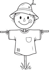 Friendly Scarecrow with Hat and T-shirt Line Art vector illustration