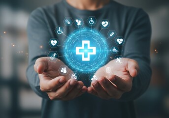 Hands holding a futuristic circular interface for integrated telehealth and global medical services.