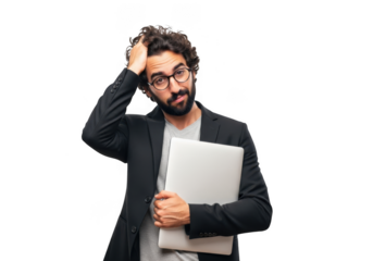 Confused businessman holding laptop scratching head in doubt and frustration portrait isolated on transparent background