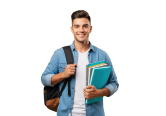Smiling college student holding books and wearing backpack ready for class, education concept, isolated on transparent background