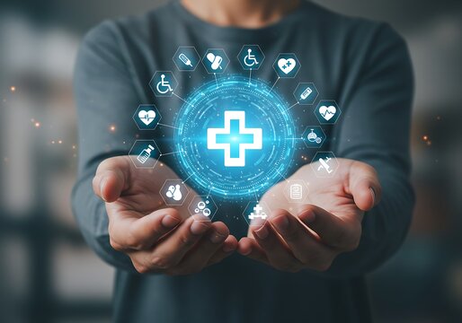 Hands holding a futuristic circular interface for integrated telehealth and global medical services.