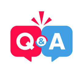Flat vector Q&A icon with red and blue chat bubbles, perfect for FAQ, support, forum, customer service, and help center design