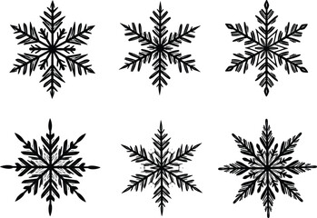 Black snowflake vector illustration set isolated on white background, winter decorative design elements for Christmas, holiday patterns, seasonal graphics