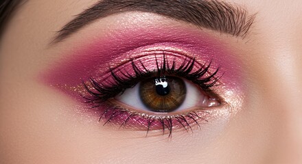 Naklejka premium Close Up Brown Eye with Pink Glitter Eyeshadow and Long Eyelashes in Studio Lighting