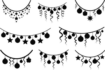 Black silhouette Christmas garlands with stars, baubles, ribbons, festive hanging ornaments, holiday decorations, party elements for seasonal celebration vector design