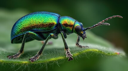 Naklejka premium Close-up of a vibrant iridescent beetle with metallic green, blue, and gold hues resting on a lush green leaf in nature