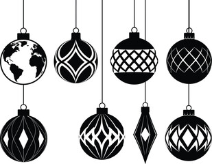 Christmas baubles hanging silhouette illustration with decorative patterns and globe ornament, festive holiday decoration balls for seasonal celebration vector