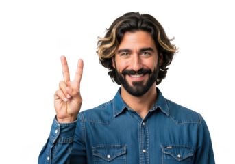 Stock photo of smiling man with beard and denim shirt making peace sign gesture, portrait, isolated on transparent background