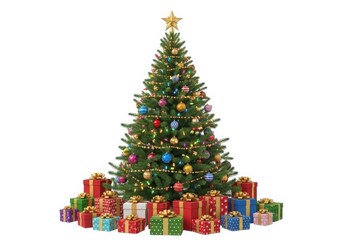 Festively decorated christmas tree surrounded by colorful wrapped gift boxes isolated on white background