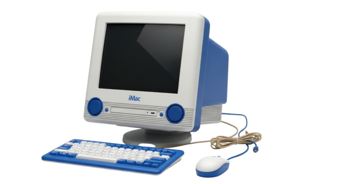 Isolated iMac G3 with keyboard and mouse, a vintage computer, a nostalgic technology piece