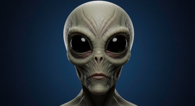 Realistic alien portrait with large black eyes against a dark blue background close up