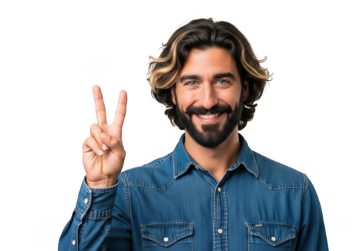 Stock photo of smiling man with beard and denim shirt making peace sign gesture, portrait, isolated on transparent background