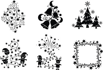 Christmas holiday silhouette vector collection with bells, stars, trees, reindeer, children, snowflakes, festive decorations, frames, ornaments, celebration design.