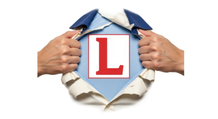 Isolated person ripping open shirt to reveal letter L, superhero concept and secret identity