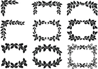 Christmas holly leaf decorative border frame collection with festive berries, elegant seasonal vector design elements for invitations, cards, and decorations