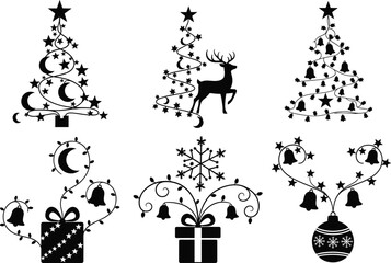 Christmas tree ornament vector illustration set with reindeer gift box snowflake star bell decorative holiday elements isolated on white background