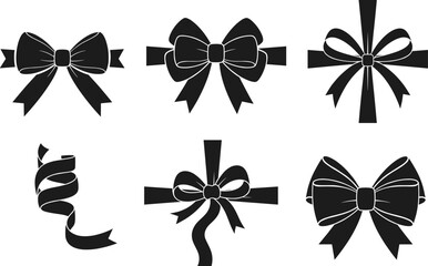 Elegant black silhouette bows and ribbons collection for decoration, celebration, gifts, parties, festive elements and holiday vector illustration