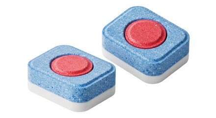 Isolated dishwashing tablets, blue and red, for dishwasher, detergent, cleaning supplies