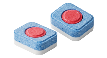 Isolated dishwashing tablets, blue and red, for dishwasher, detergent, cleaning supplies