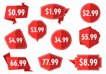 Set of red sale tags and labels for discount promotion design
