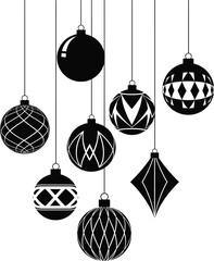 Elegant Christmas hanging baubles vector set with geometric patterns, festive holiday ornaments, black silhouette decoration for seasonal celebration design.