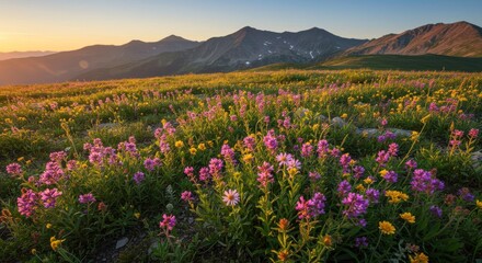 Fototapeta premium Scenic vista of a wildflower meadow in the mountains during a golden sunrise